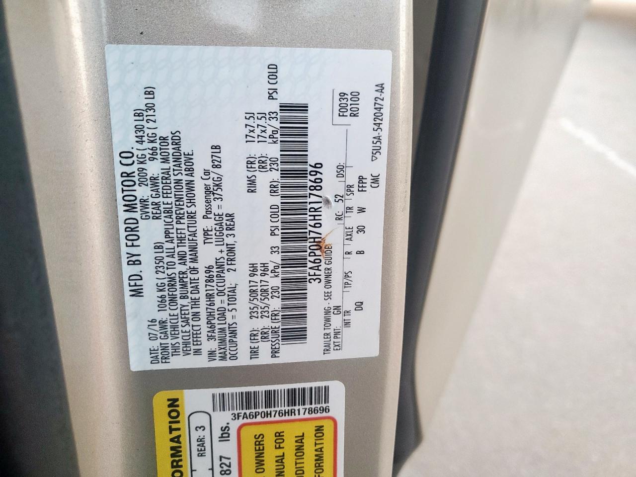 2017 Ford Fusion Se VIN: 3FA6P0H76HR178696 Lot: 80612455