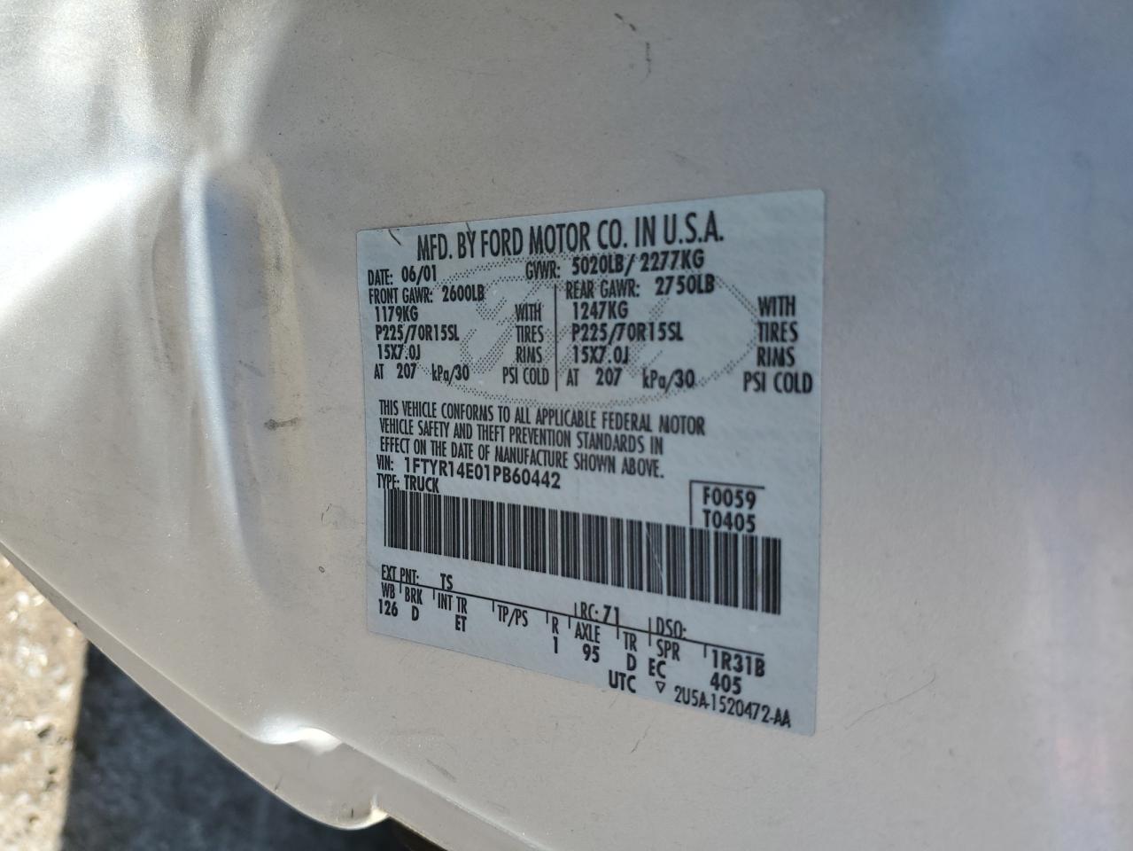 2001 Ford Ranger Super Cab VIN: 1FTYR14E01PB60442 Lot: 81337175