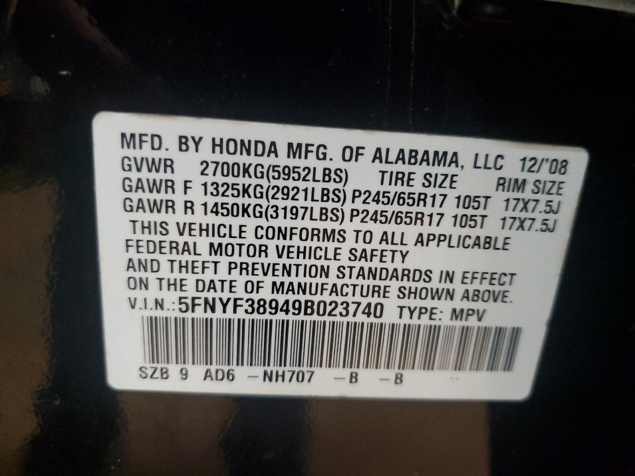 2009 Honda Pilot Touring VIN: 5FNYF38949B023740 Lot: 81422885