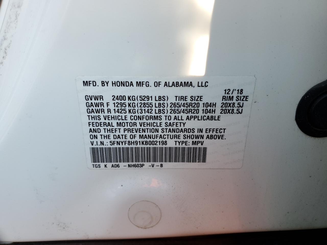 2019 Honda Passport Touring VIN: 5FNYF8H91KB002198 Lot: 80484745