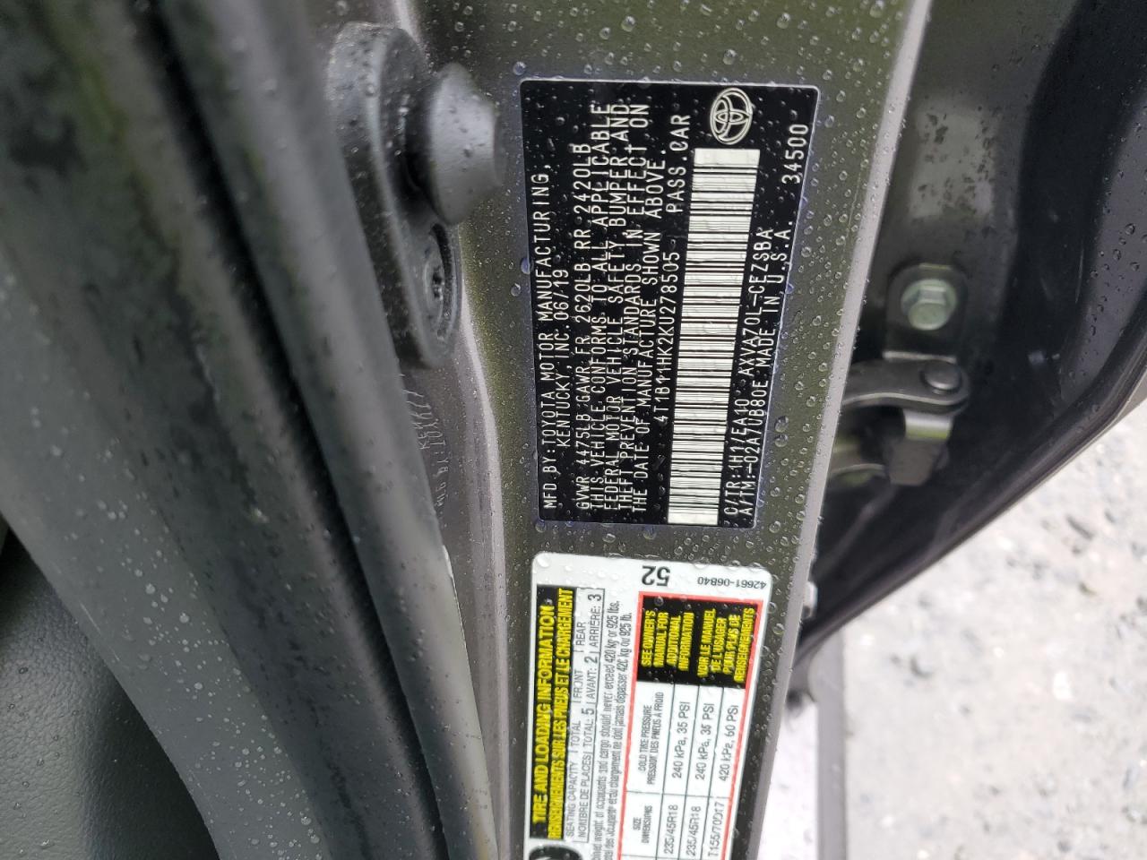 2019 Toyota Camry L VIN: 4T1B11HK2KU278505 Lot: 81870005