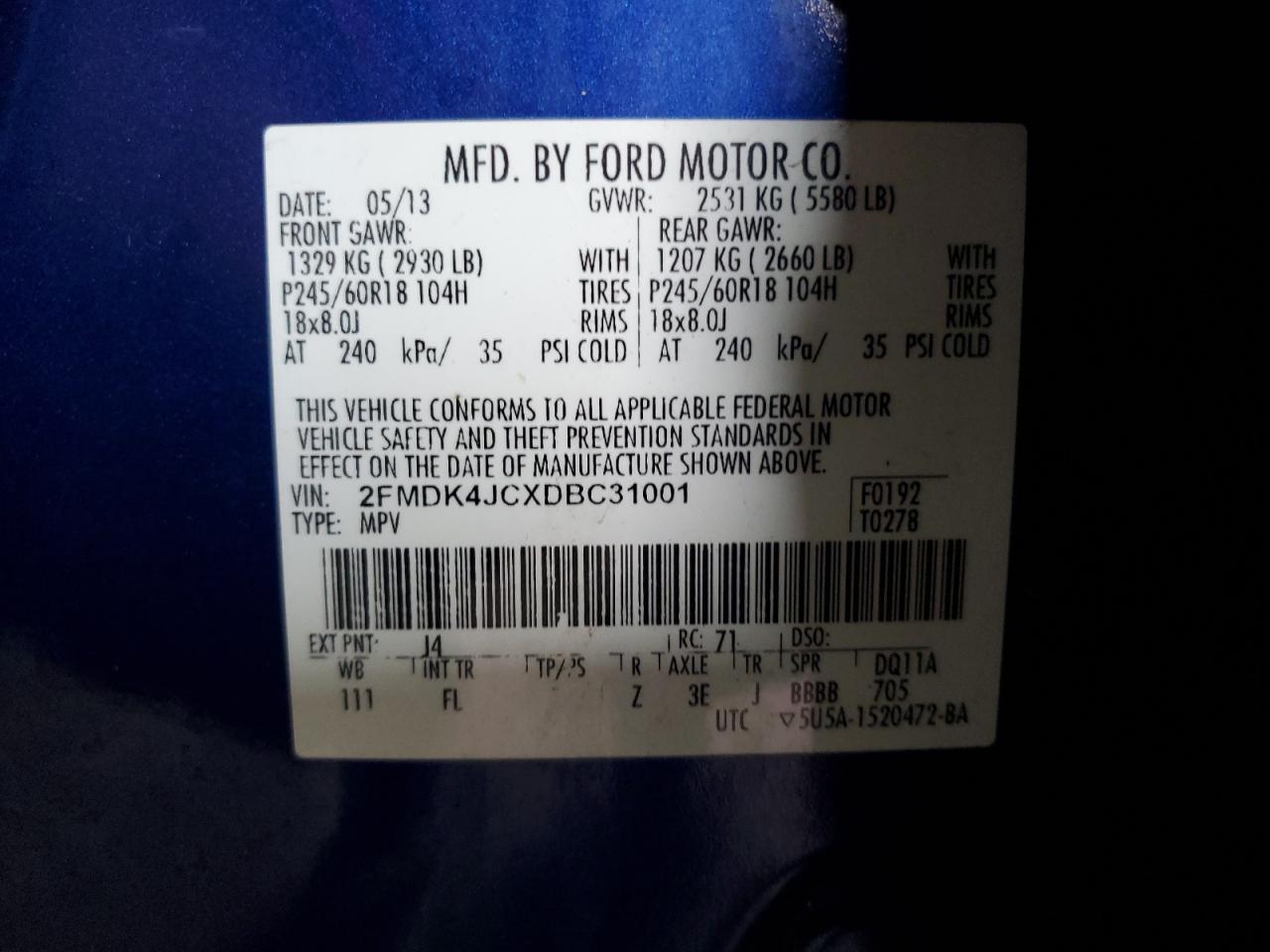 2013 Ford Edge Sel VIN: 2FMDK4JCXDBC31001 Lot: 80996985