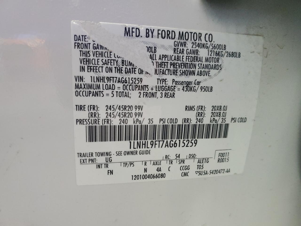 2010 Lincoln Mks VIN: 1LNHL9FT7AG615259 Lot: 80657055