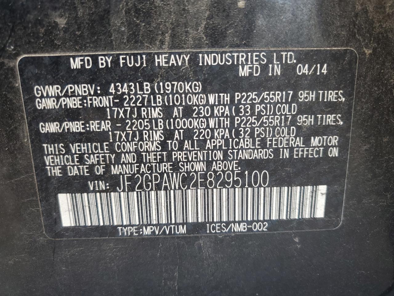 2014 Subaru Xv Crosstrek 2.0 Premium VIN: JF2GPAWC2E8295100 Lot: 84624555