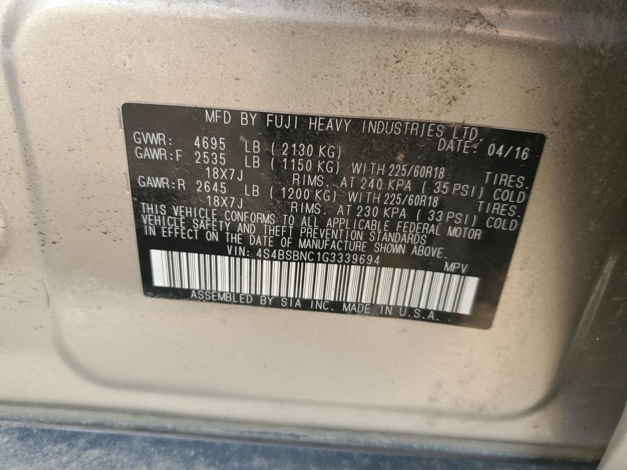 2016 Subaru Outback 2.5I Limited VIN: 4S4BSBNC1G3339694 Lot: 84025035