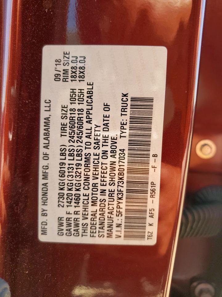 2019 Honda Ridgeline Rtl VIN: 5FPYK3F73KB017034 Lot: 81540515