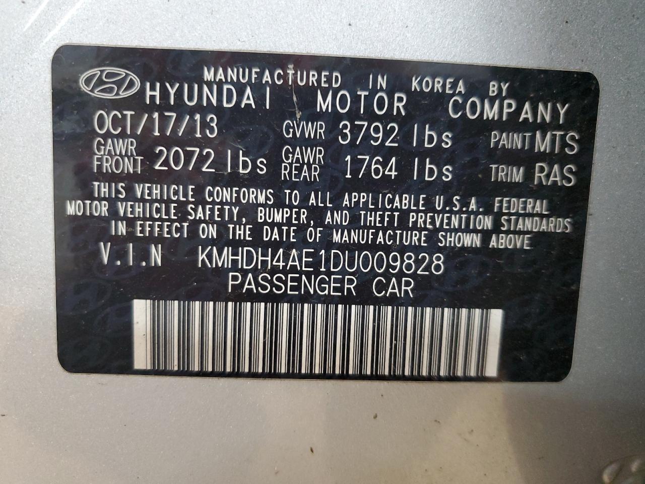 2013 Hyundai Elantra Gls VIN: KMHDH4AE1DU009828 Lot: 81794375