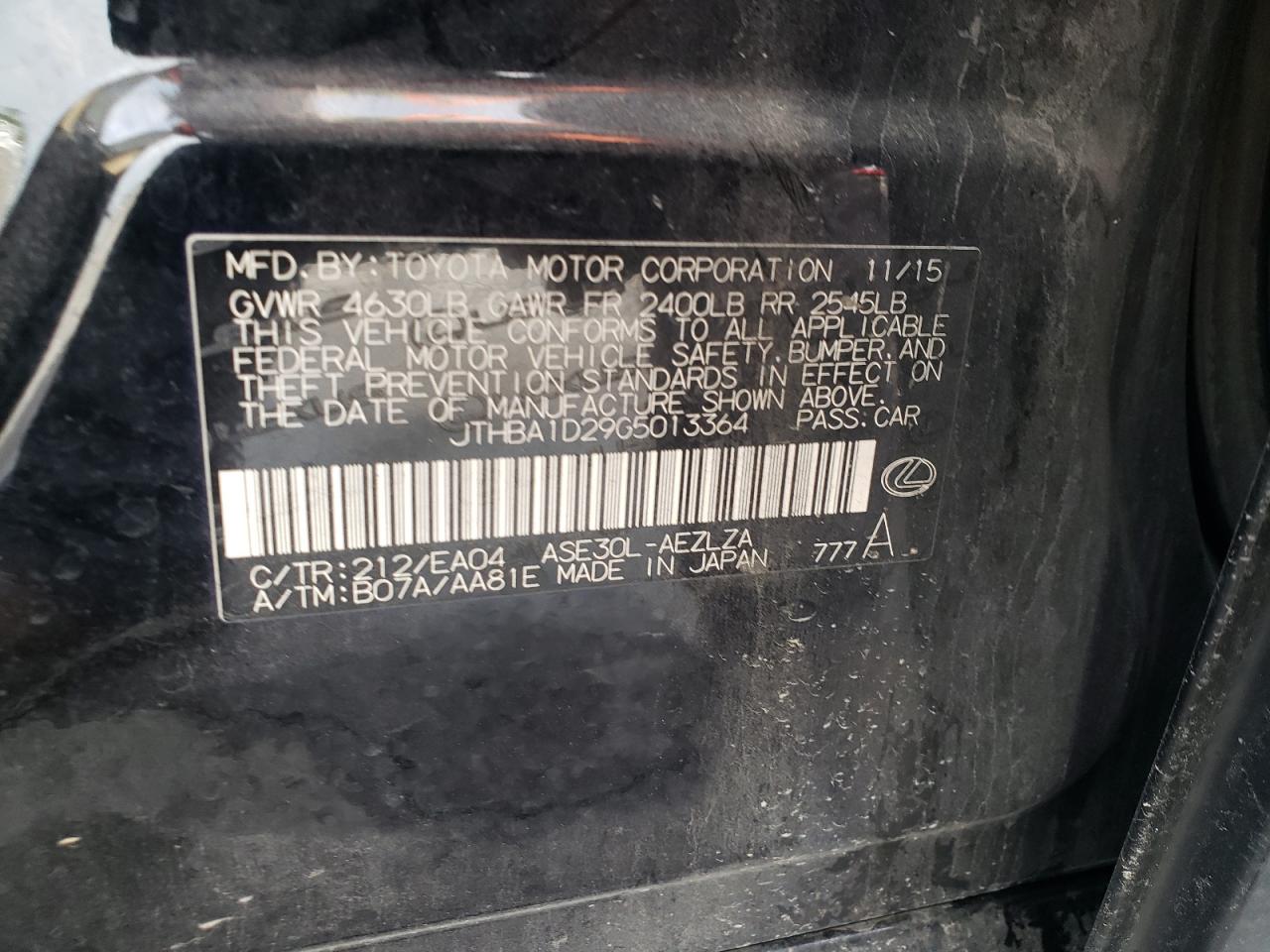 2016 Lexus Is 200T VIN: JTHBA1D29G5013364 Lot: 81701875