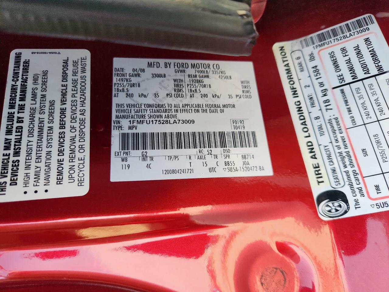 2008 Ford Expedition Eddie Bauer VIN: 1FMFU17528LA73009 Lot: 84013225