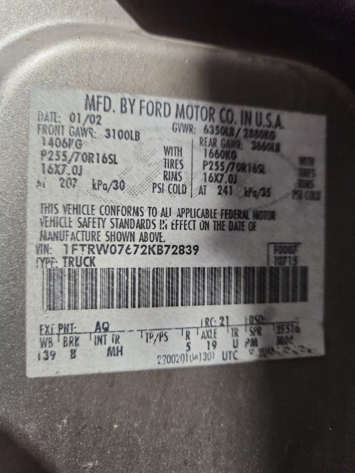 2002 Ford F150 Supercrew VIN: 1FTRW07672KB72839 Lot: 82162225