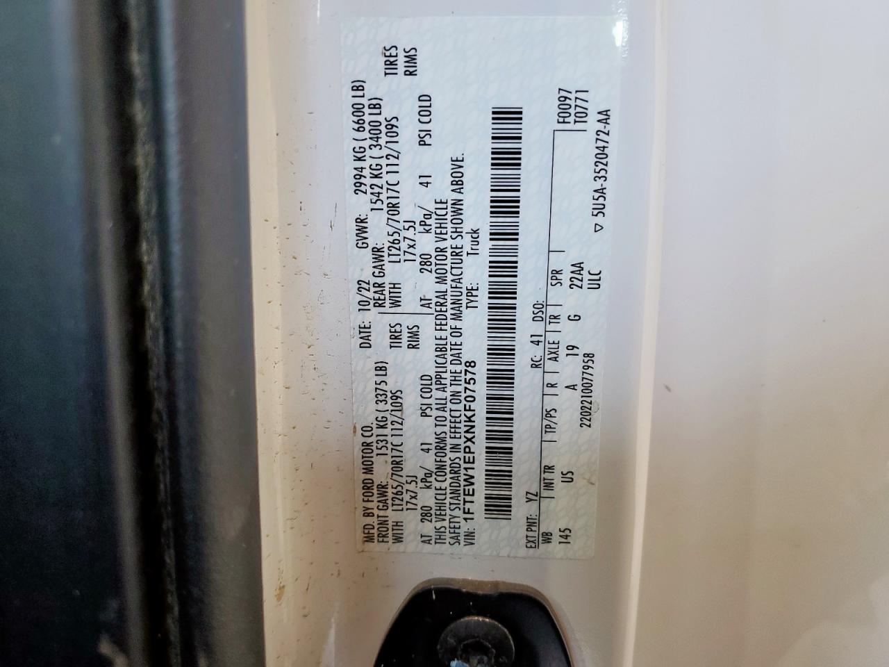 2022 Ford F150 Supercrew VIN: 1FTEW1EPXNKF07578 Lot: 71587365