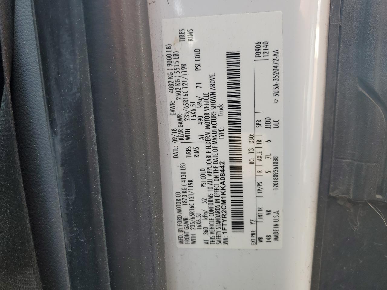 2019 Ford Transit T-250 VIN: 1FTYR2CM1KKA08442 Lot: 70475995