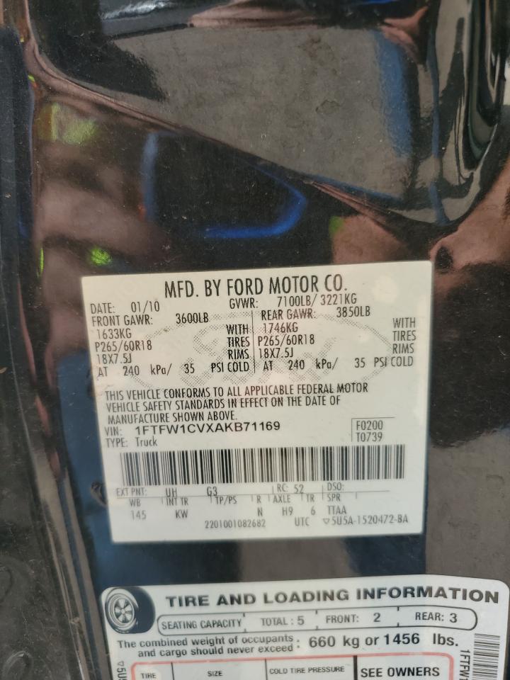 2010 Ford F150 Supercrew VIN: 1FTFW1CVXAKB71169 Lot: 70156395