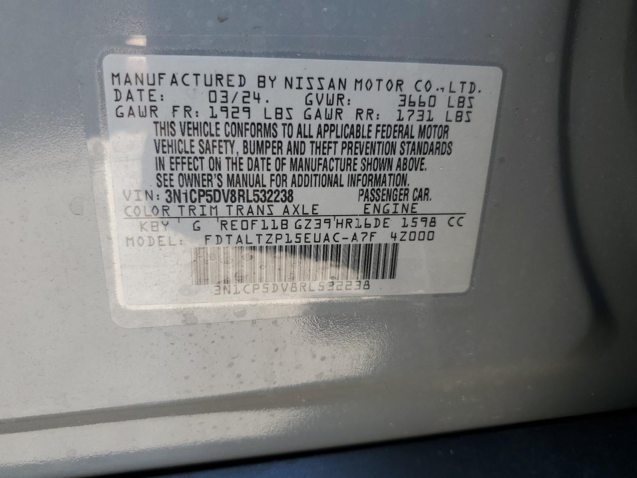 2024 Nissan Kicks Sr VIN: 3N1CP5DV8RL532238 Lot: 84422395