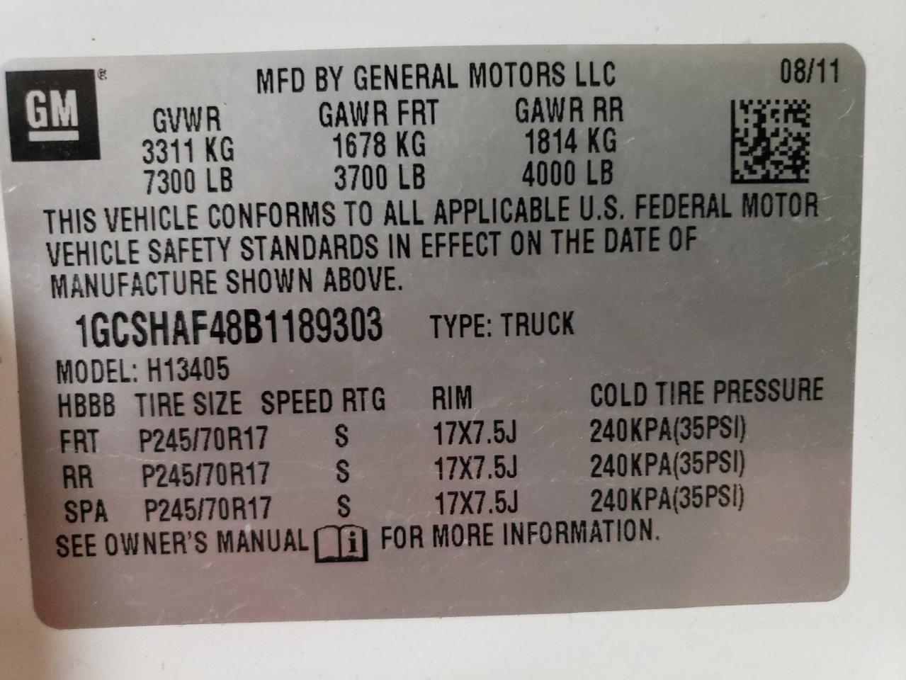 2011 Chevrolet Express G1500 VIN: 1GCSHAF48B1189303 Lot: 84003425