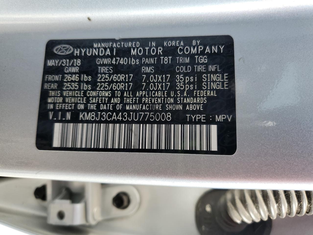 2018 Hyundai Tucson Sel VIN: KM8J3CA43JU775008 Lot: 71636535