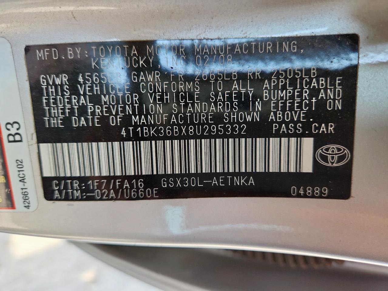 2008 Toyota Avalon Xl VIN: 4T1BK36BX8U295332 Lot: 81616635