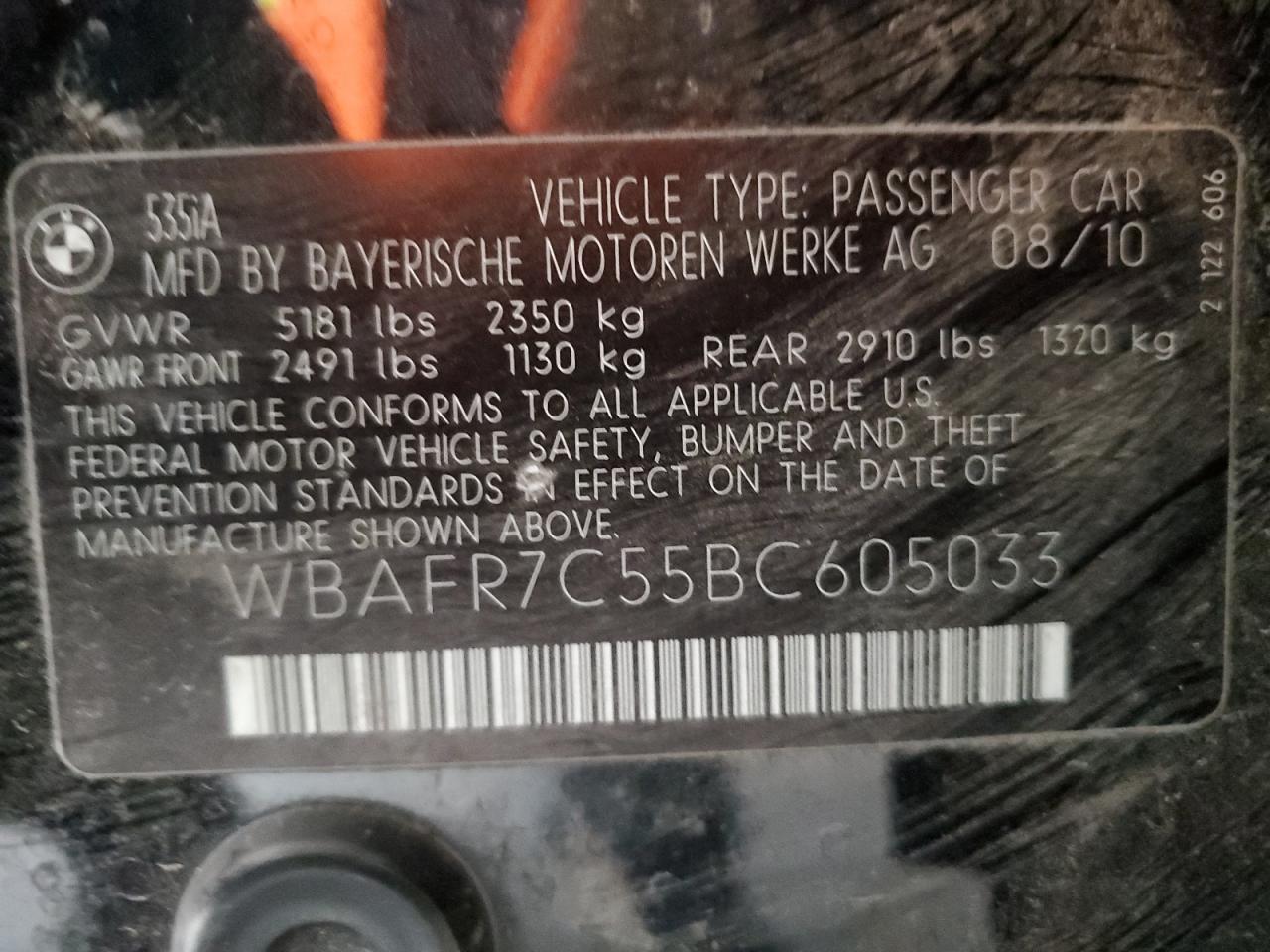 2011 BMW 535 I VIN: WBAFR7C55BC605033 Lot: 81855395