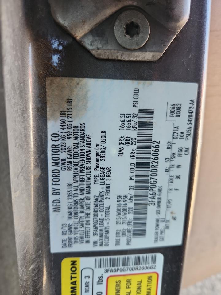 2013 Ford Fusion S VIN: 3FA6P0G70DR260662 Lot: 82151455