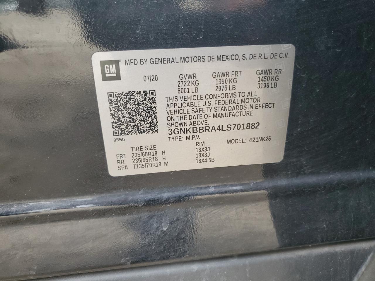 2020 Chevrolet Blazer 1Lt VIN: 3GNKBBRA4LS701882 Lot: 81737625