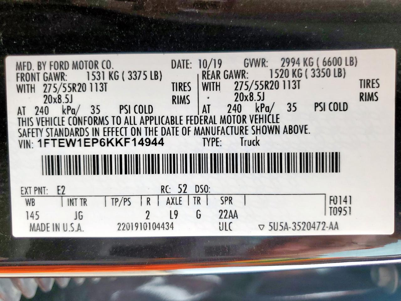 2019 Ford F150 Supercrew VIN: 1FTEW1EP6KKF14944 Lot: 71769075