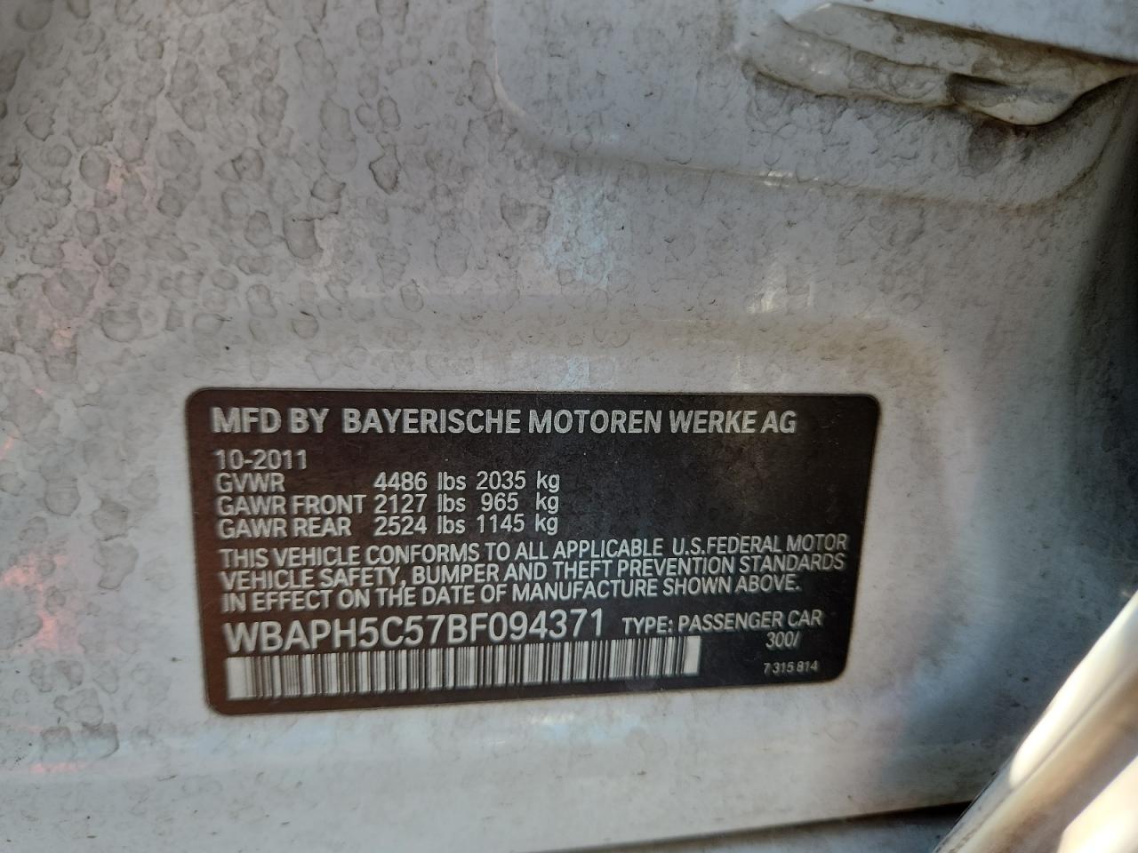 2011 BMW 328 I Sulev VIN: WBAPH5C57BF094371 Lot: 80854585