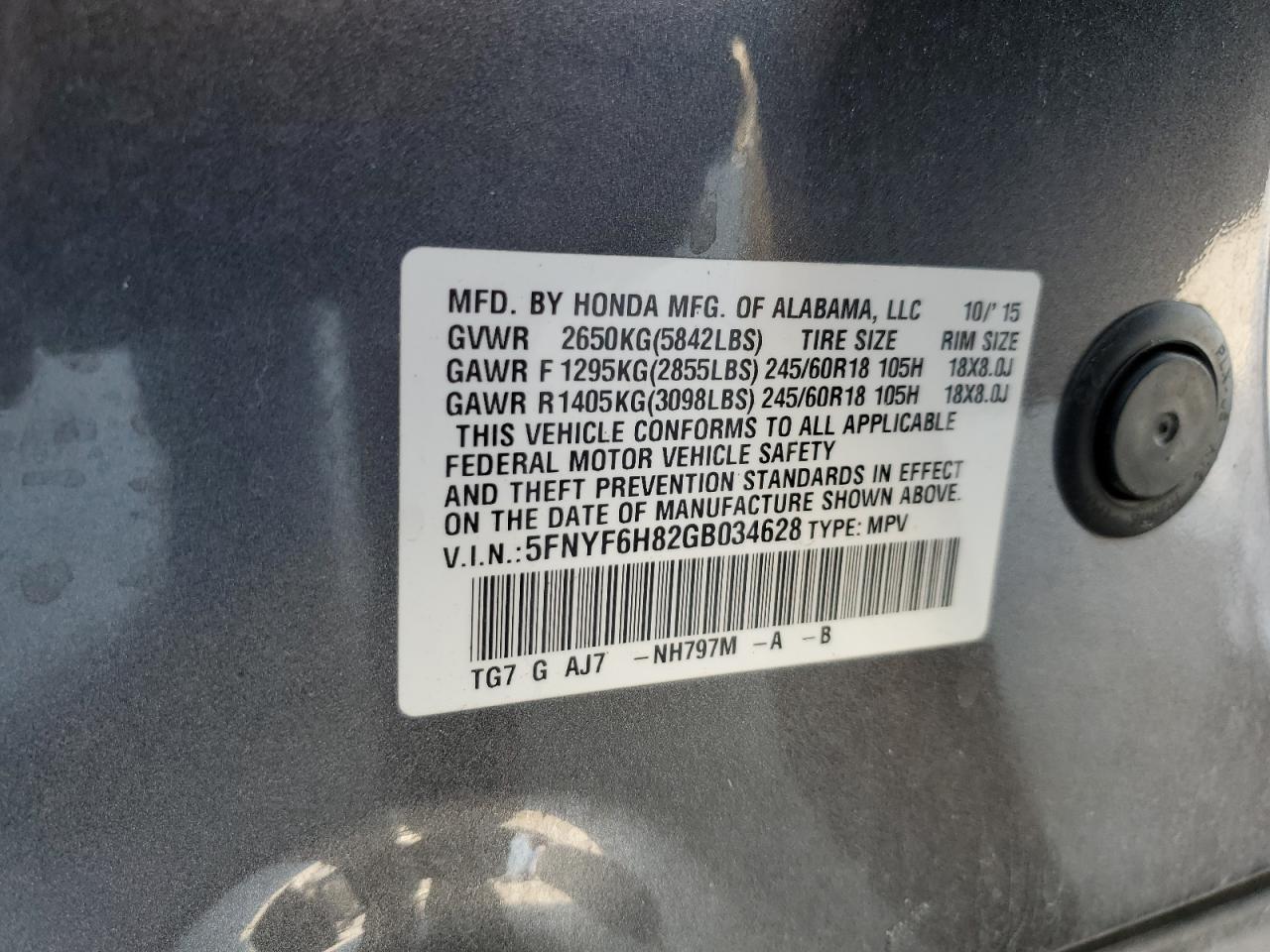 2016 Honda Pilot Exl VIN: 5FNYF6H82GB034628 Lot: 80095855