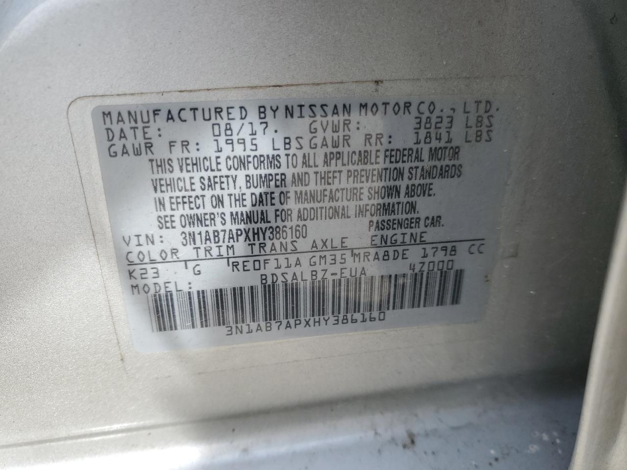 2017 Nissan Sentra S VIN: 3N1AB7APXHY386160 Lot: 80388545