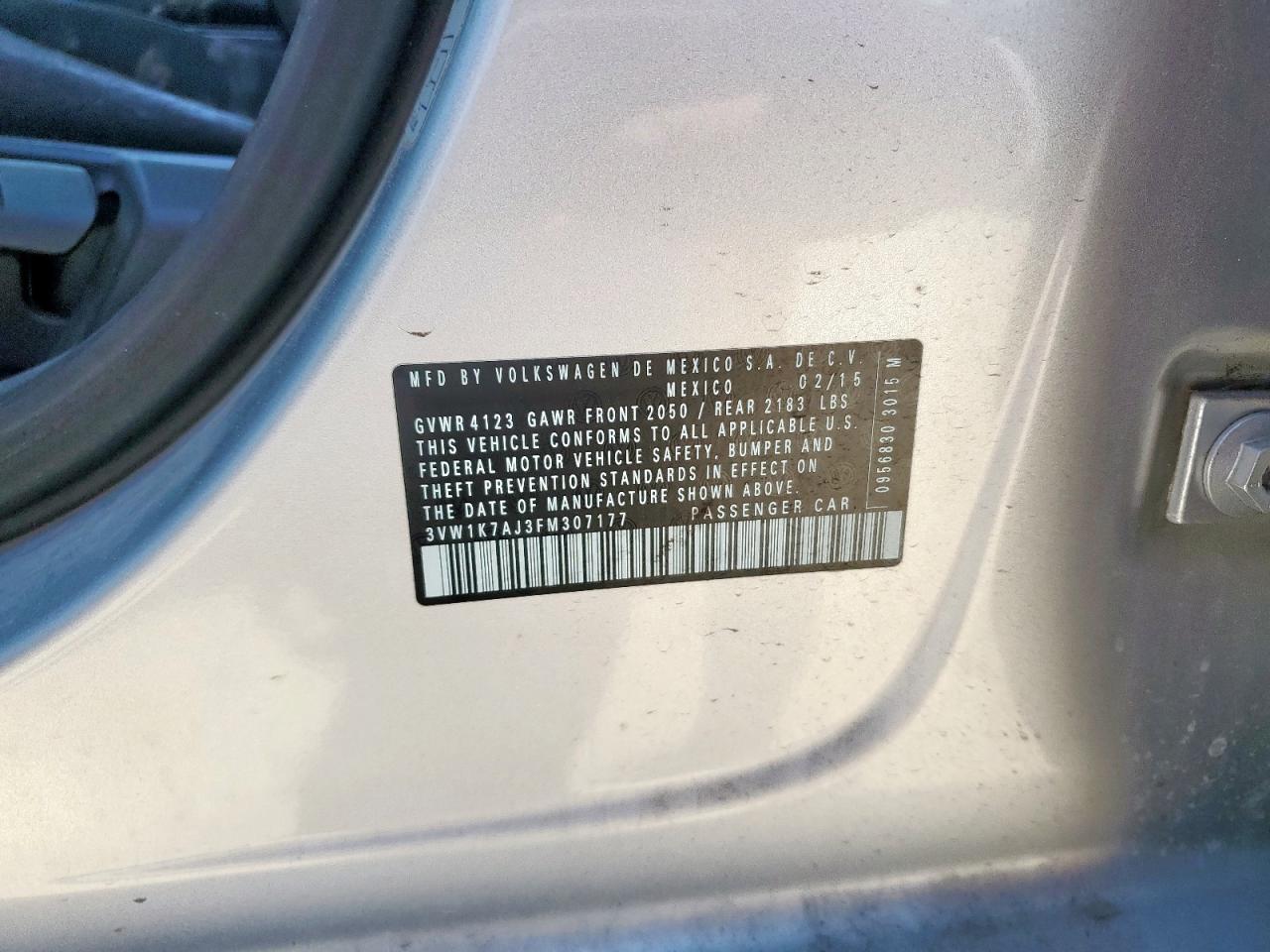2015 Volkswagen Jetta Base VIN: 3VW1K7AJ3FM307177 Lot: 71205515