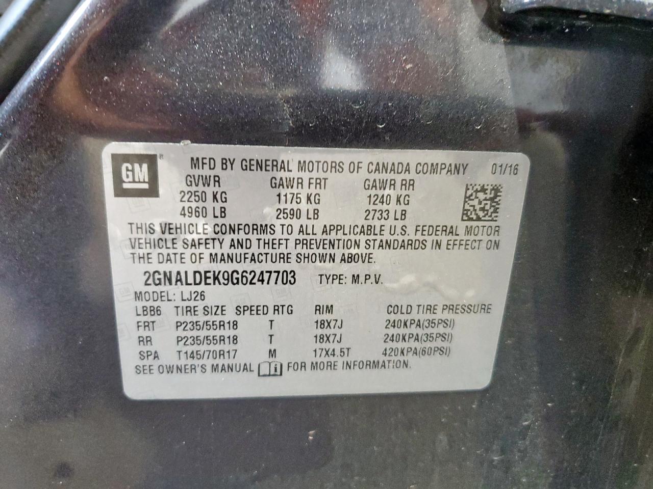 2016 Chevrolet Equinox Ltz VIN: 2GNALDEK9G6247703 Lot: 81149085