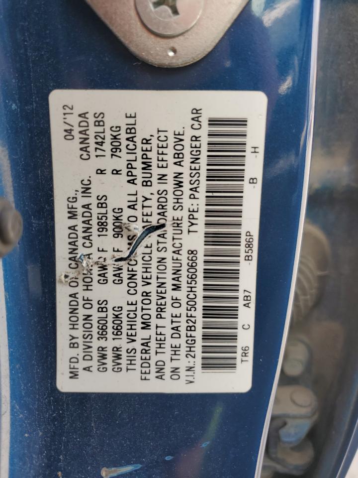 2012 Honda Civic Lx VIN: 2HGFB2F50CH560668 Lot: 82098655