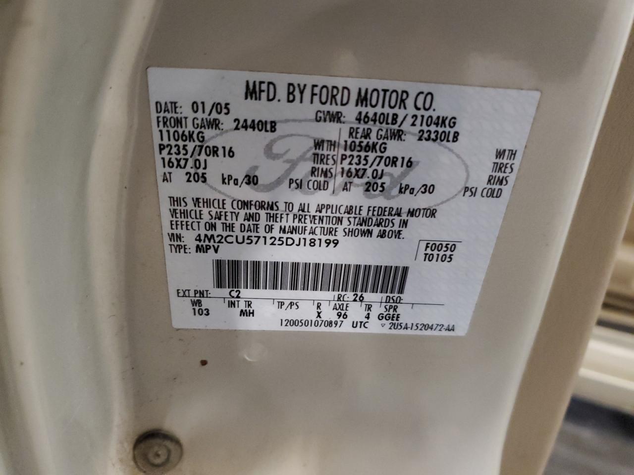 2005 Mercury Mariner VIN: 4M2CU57125DJ18199 Lot: 71276355