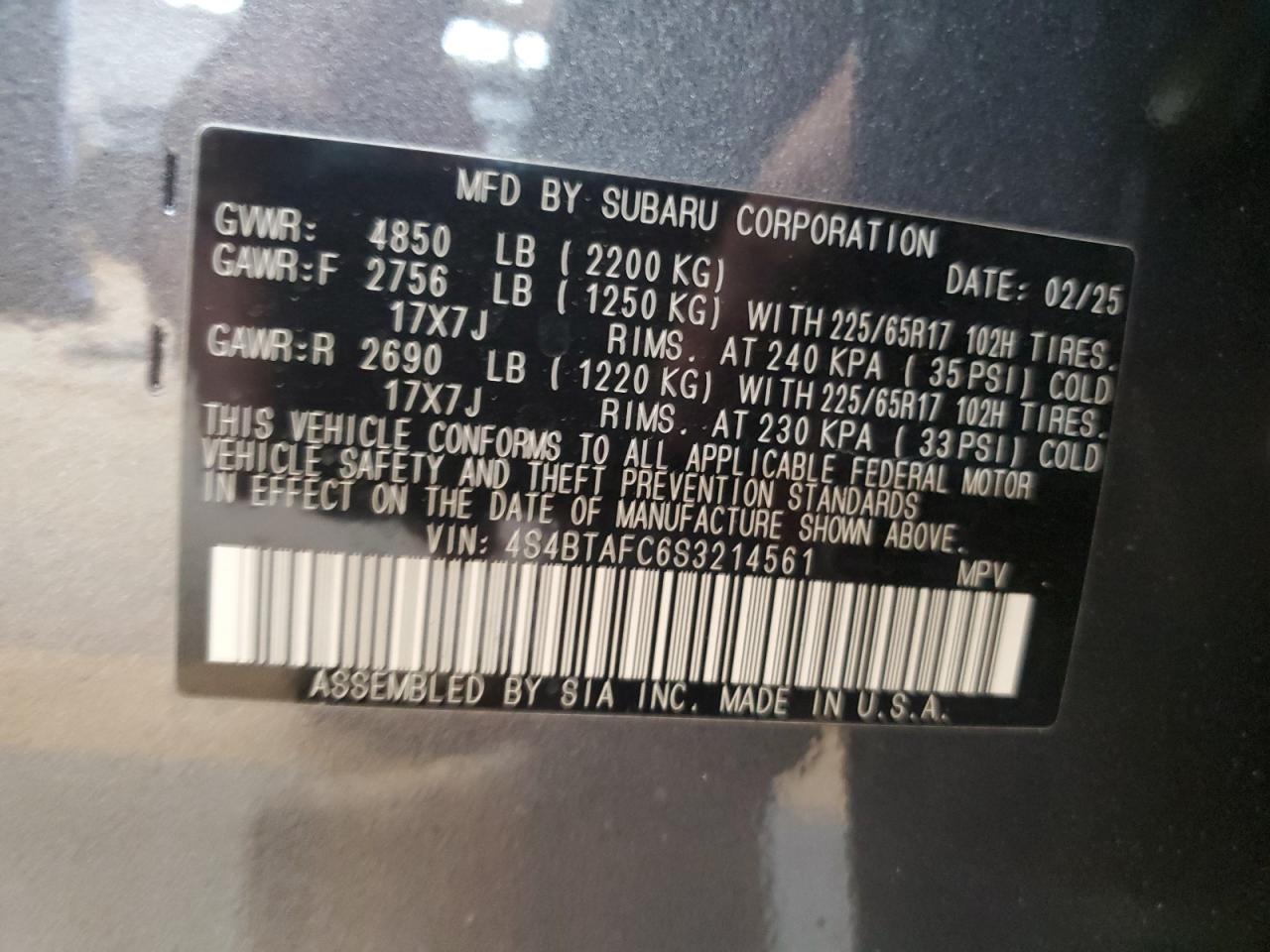 2025 Subaru Outback Premium VIN: 4S4BTAFC6S3214561 Lot: 81406165