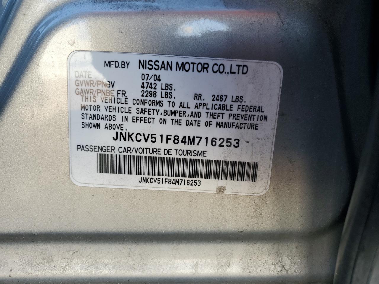 2004 Infiniti G35 VIN: JNKCV51F84M716253 Lot: 80100645