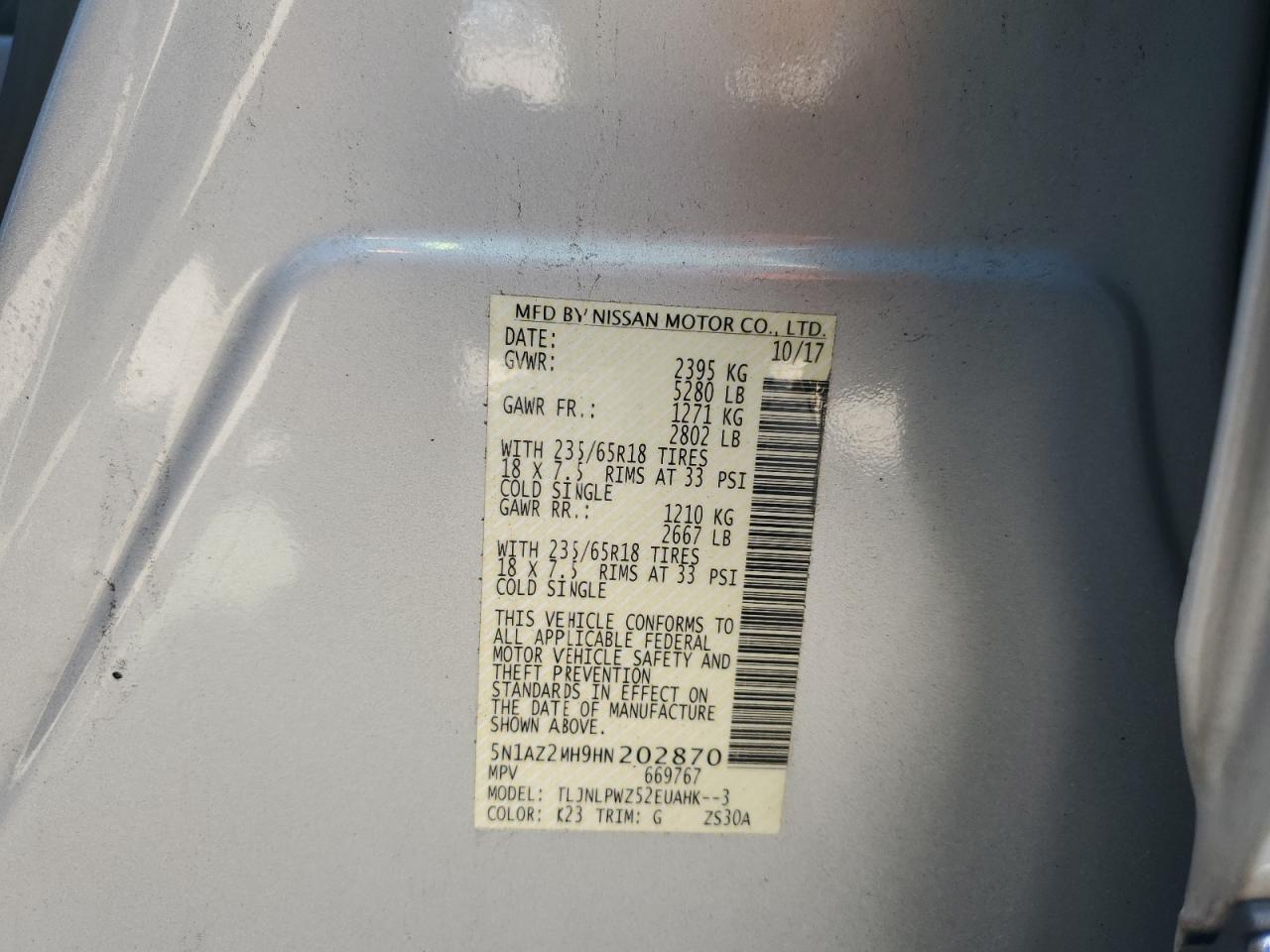 2017 Nissan Murano S VIN: 5N1AZ2MH9HN202870 Lot: 71216115