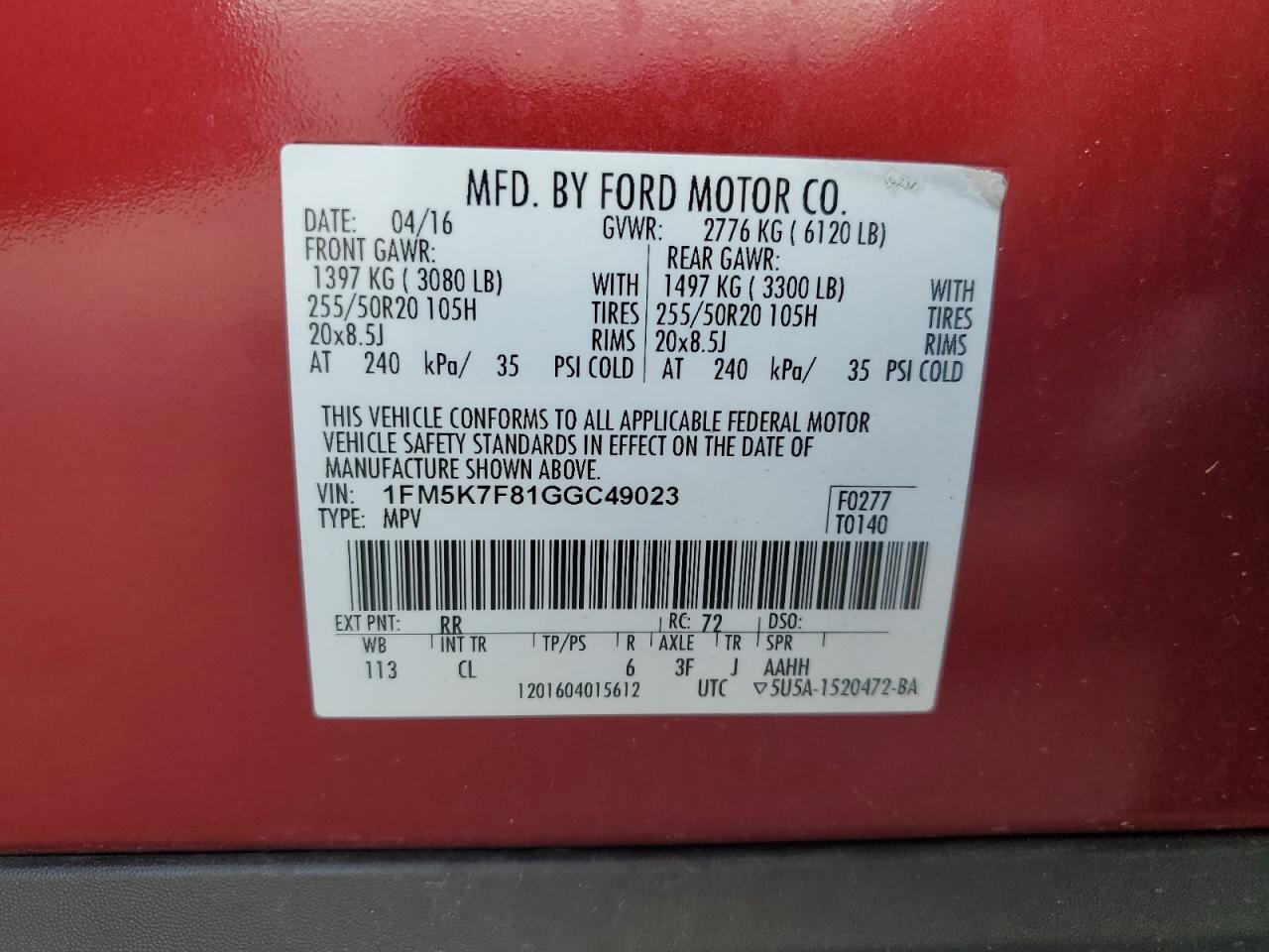 2016 Ford Explorer Limited VIN: 1FM5K7F81GGC49023 Lot: 71414245