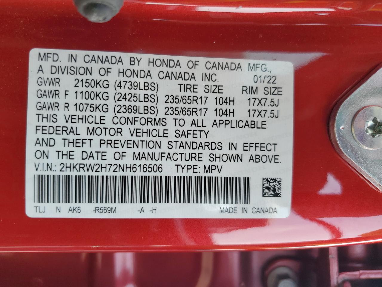 2022 Honda Cr-V Se VIN: 2HKRW2H72NH616506 Lot: 83751705