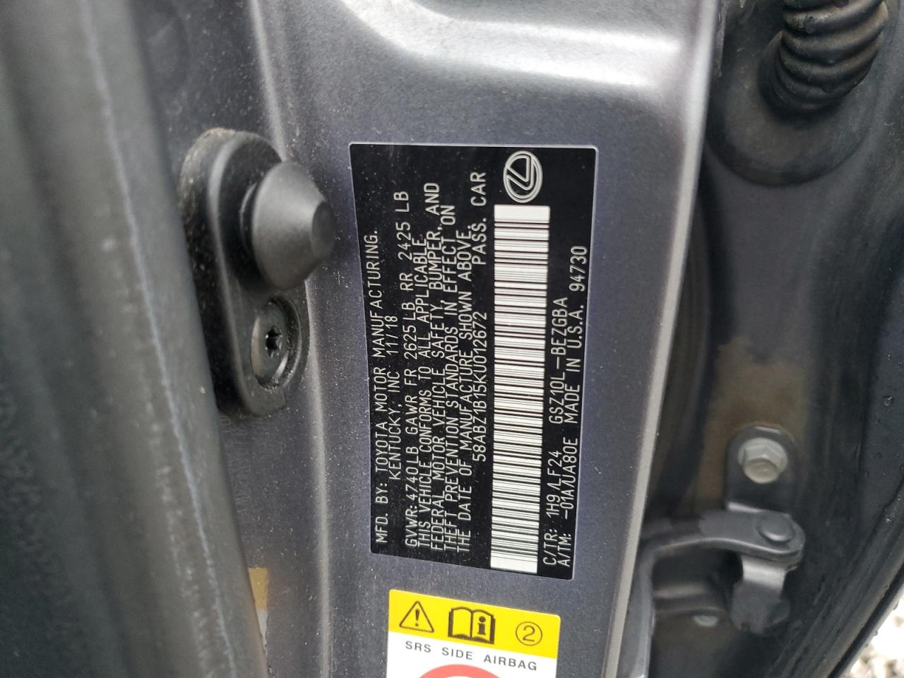 2019 Lexus Es 350 VIN: 58ABZ1B15KU012672 Lot: 81770185