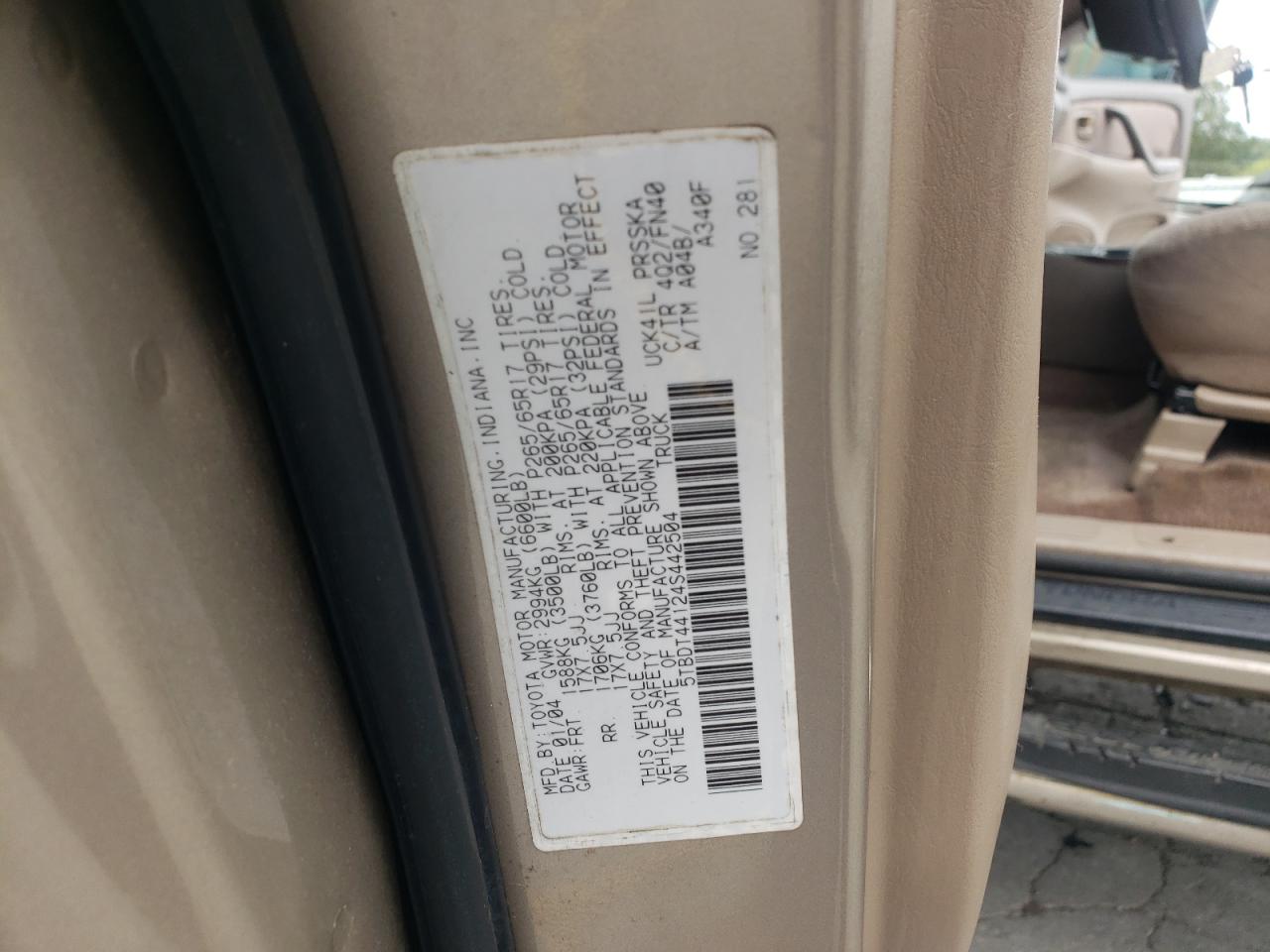 2004 Toyota Tundra Double Cab Sr5 VIN: 5TBDT44124S442504 Lot: 83940775