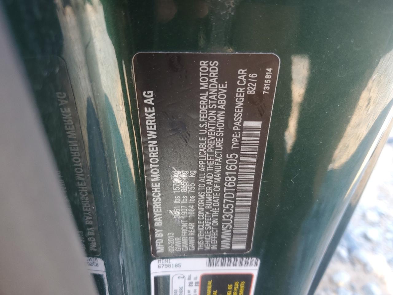 2013 Mini Cooper VIN: WMWSU3C57DT681605 Lot: 80082435