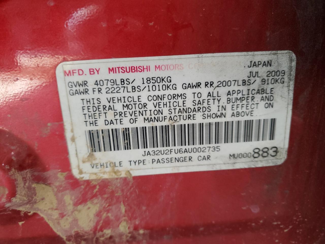 2010 Mitsubishi Lancer Es/Es Sport VIN: JA32U2FU6AU002735 Lot: 80616875