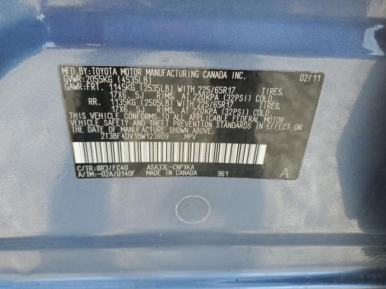 2011 Toyota Rav4 VIN: 2T3BF4DV1BW123809 Lot: 84639525