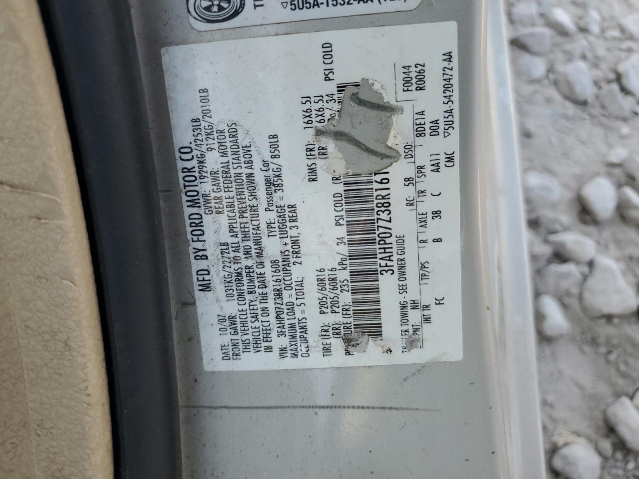 2008 Ford Fusion Se VIN: 3FAHP07Z38R161608 Lot: 80352655