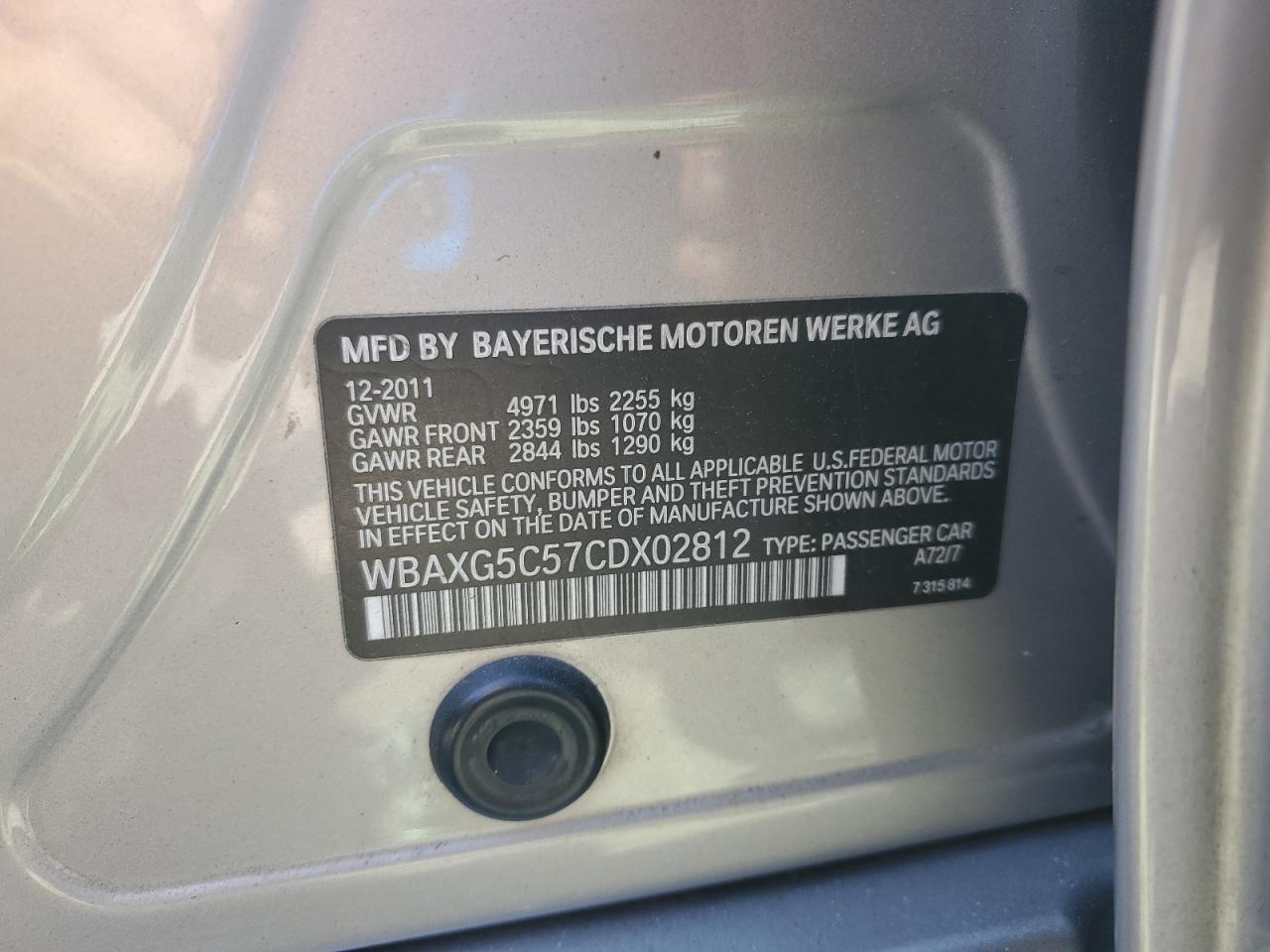 2012 BMW 528 I VIN: WBAXG5C57CDX02812 Lot: 84225515