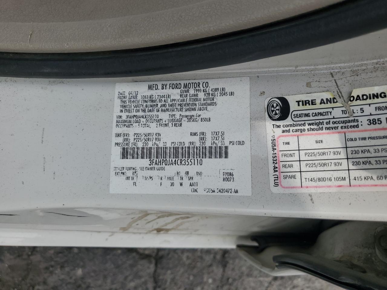 2012 Ford Fusion Sel VIN: 3FAHP0JA4CR355110 Lot: 83982365