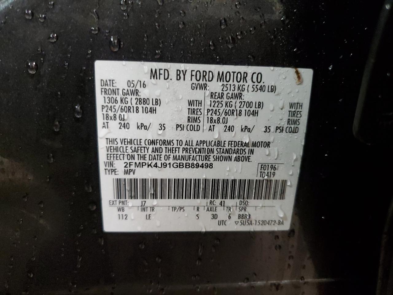 2016 Ford Edge Sel VIN: 2FMPK4J91GBB89498 Lot: 80742755