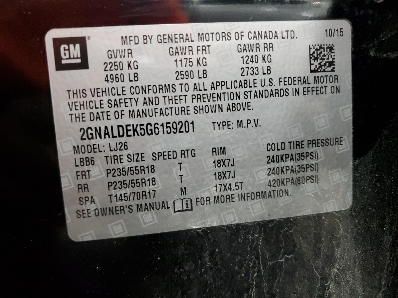 2016 Chevrolet Equinox Ltz VIN: 2GNALDEK5G6159201 Lot: 71848465