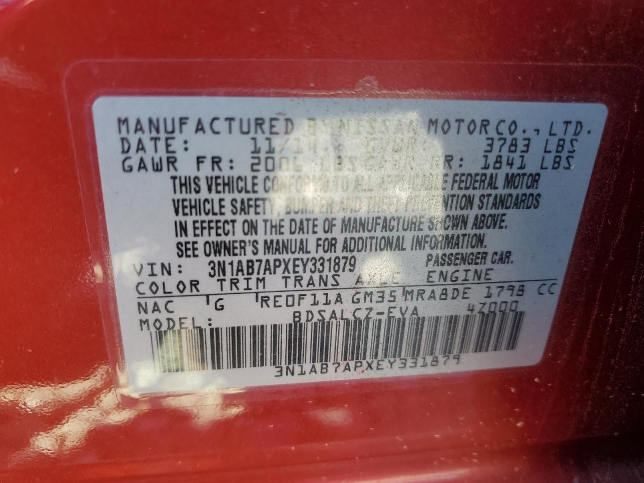 2014 Nissan Sentra S VIN: 3N1AB7APXEY331879 Lot: 80241345