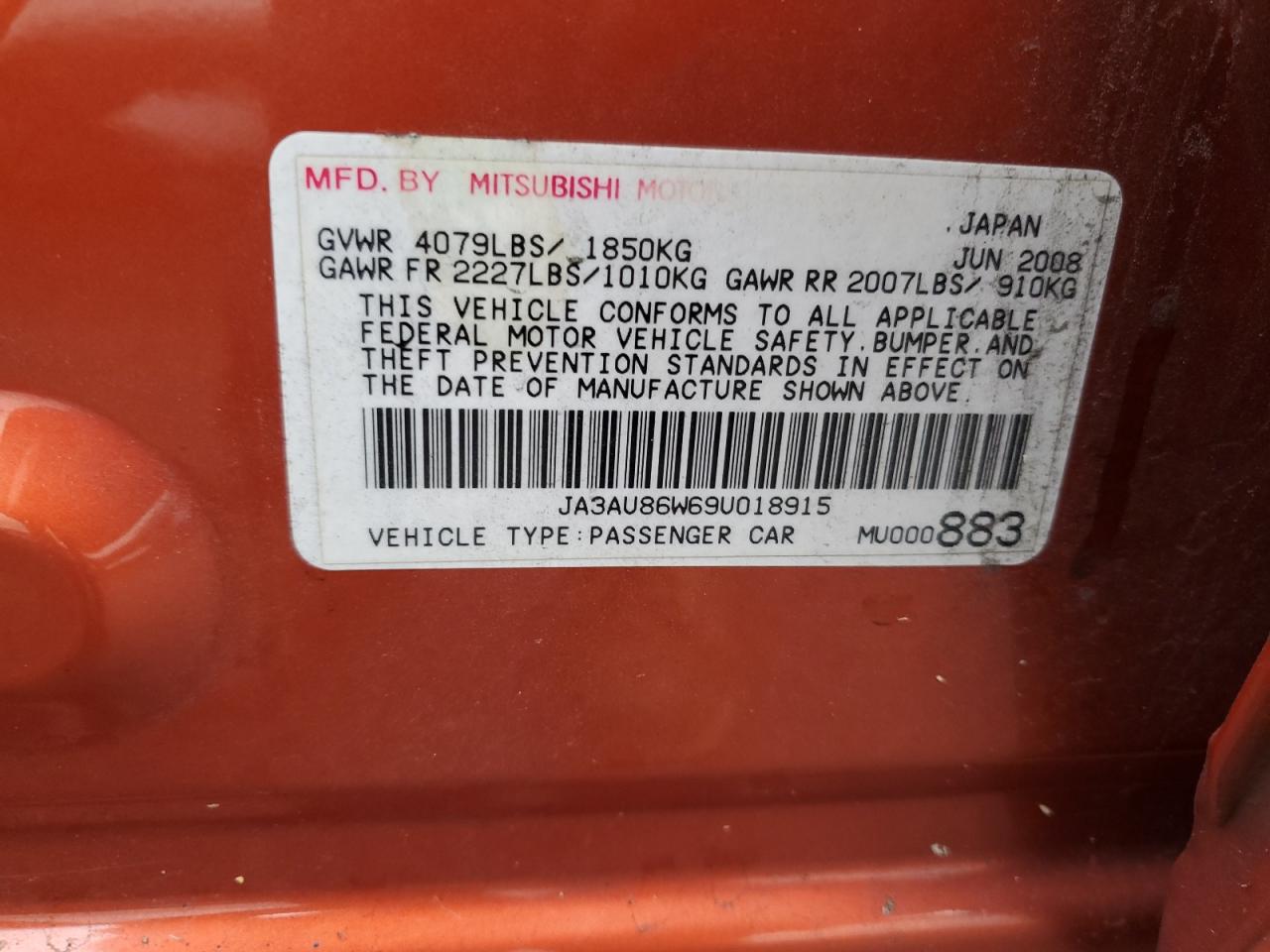 2009 Mitsubishi Lancer Gts VIN: JA3AU86W69U018915 Lot: 82060565