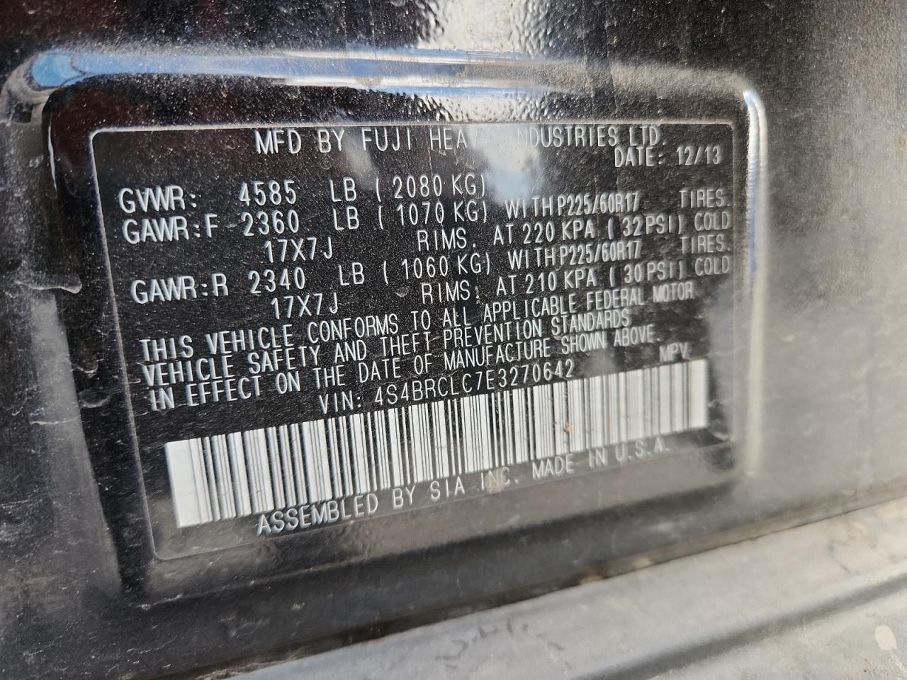 2014 Subaru Outback 2.5I Limited VIN: 4S4BRCLC7E3270642 Lot: 81943295